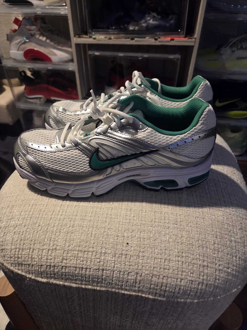 Nike Women's Size 14.5 White and Green Running Sneakers with Silver Accents